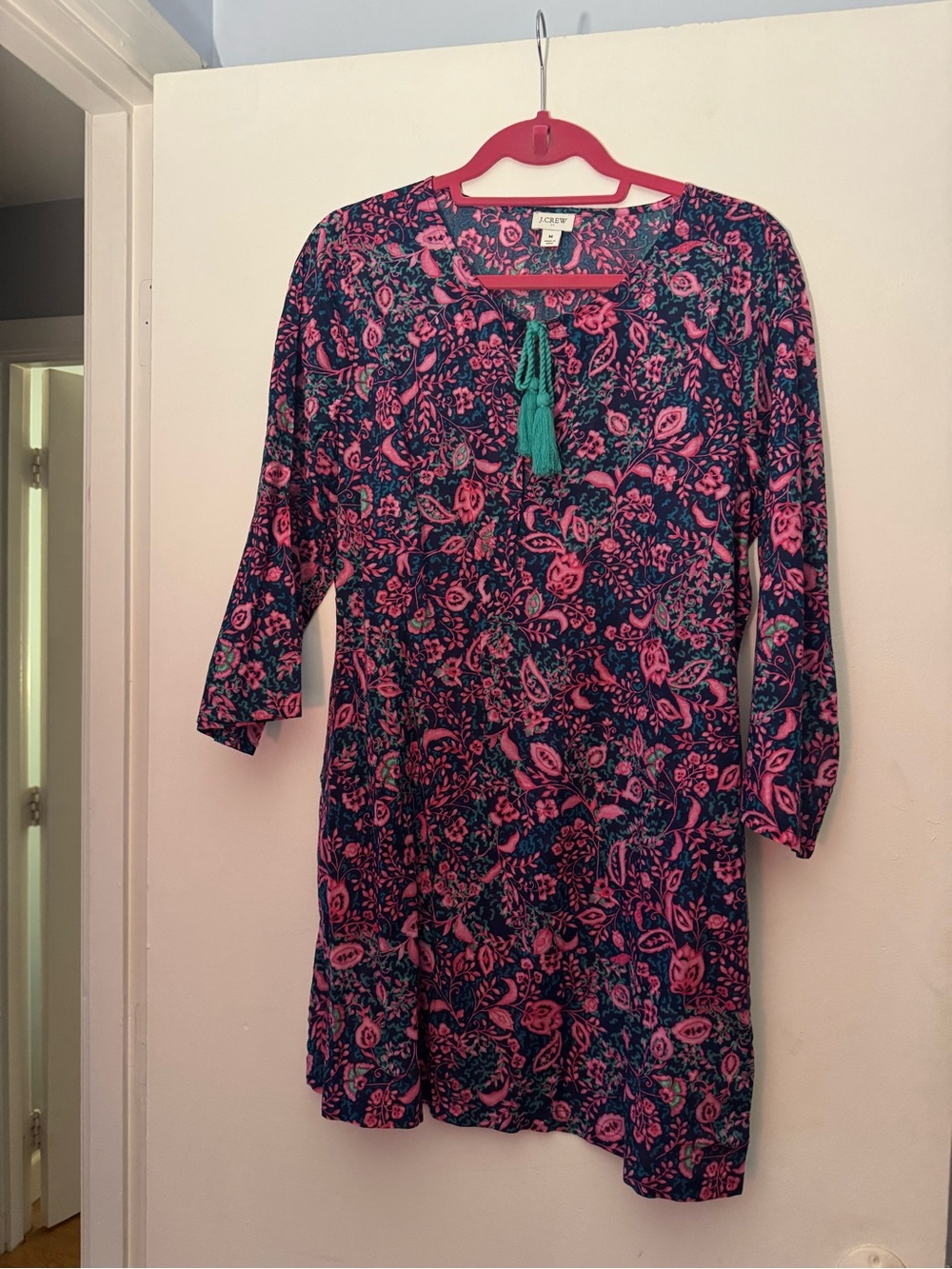 J. Crew Navy & Pink Floral Long Sleeve Tassel Tunic Dress